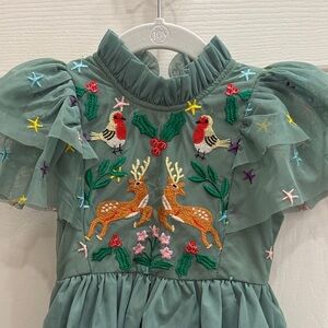 Christmas Embroidered Green Dress with Animal Motifs 4T girls